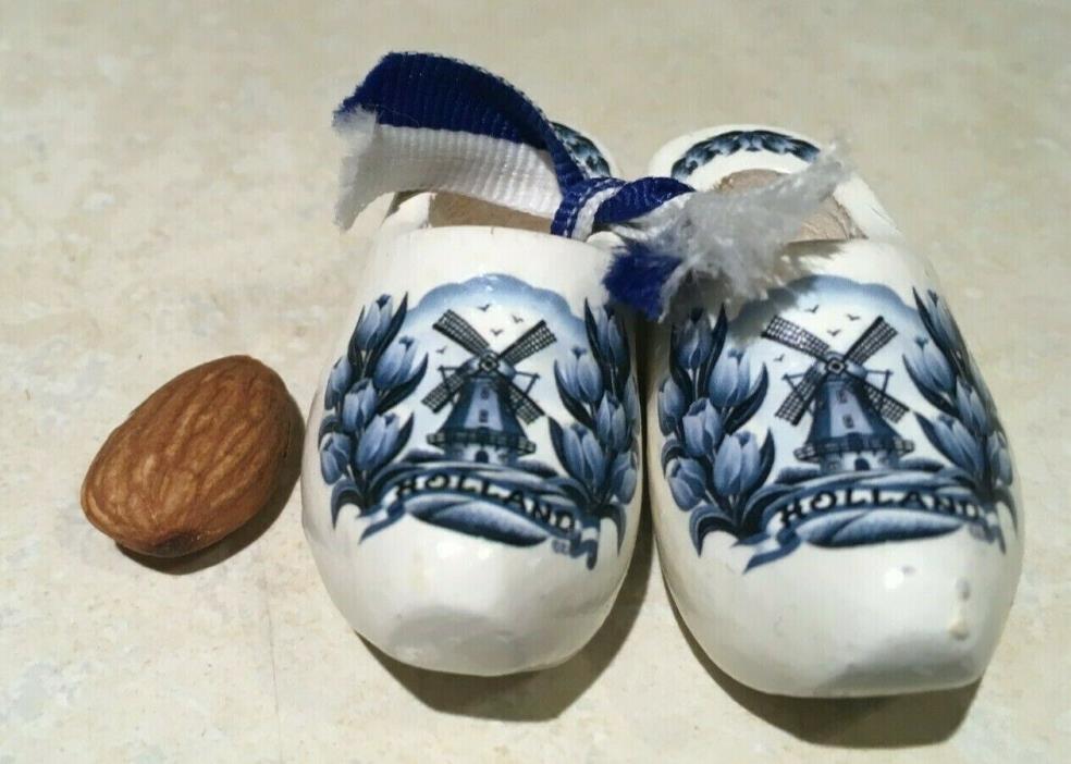 Dutch Holland Wooden Miniature Shoes Clogs - Blue and White Windmills