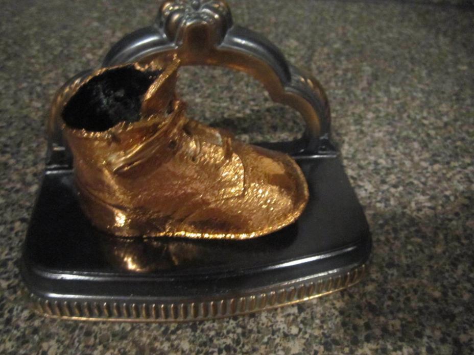 Vintage Copper / Bronze Dipped Baby Shoe On Stand Lace-up Nursery Decor Keepsake