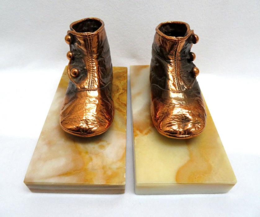 Vintage 1930's Copper Bronzed Baby High Top Button Shoes Bookends Marble Bases