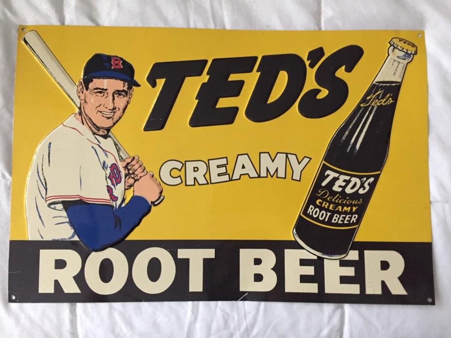 VTG Ted's Creamy Root Beer TIN SIGN baseball Soda ad metal Poster MINT