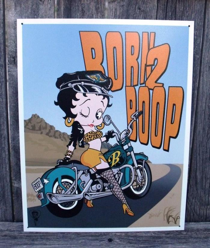 Motorcycle Betty Boop Sign Born 2 Boop Metal Nostalgic Collectible New 12 1/2x16