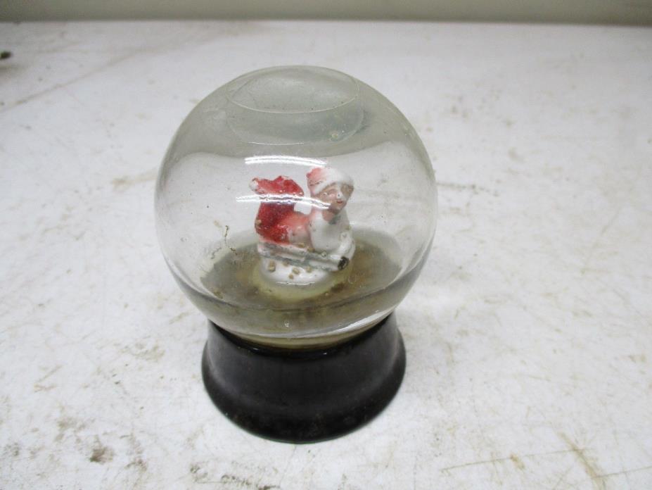 Old Heavy Glass & Porcelain Base Snow Globe Snowdome Boy with Sled