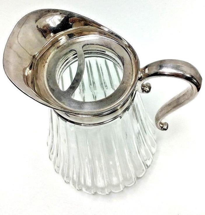 Silver Plated Ribbed Glass Water Pitcher VTG Vintage 9