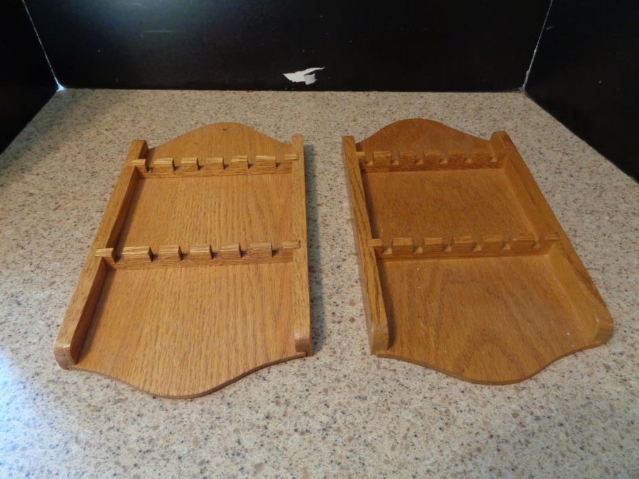 2 VINTAGE 12 PLACE SOUVENIR SPOON HOLDER WOODEN OAK WALL RACK  VGUC