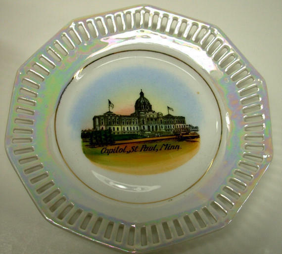 Minnesota State Capitol Souvenir Plate, Pearl Lustre Reticulated Porcelain Dish