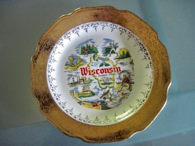 Vintage Souvenir WISCONSIN Plate Crest-O-Gold Gold Border