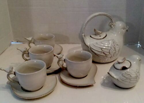 World Market 10 Pc Bird Tea Set Tea Pot Sugar 4 Cups Saucers Ceramic White Set