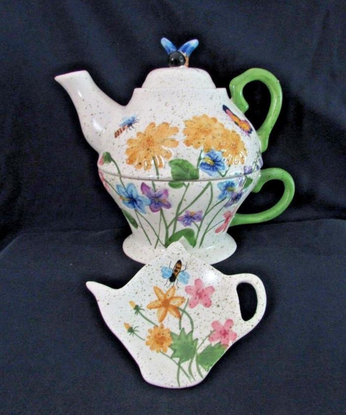 TEA for ONE Porcelain Teapot, Cup & Tea Bag Holder, Bee on Lid NANTUCKET HOME