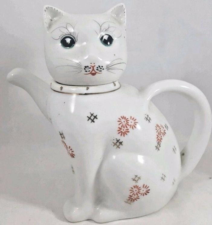 Cat Kitty Kitten Vintage Hand Painted Floral Tea Pot Ceramic China Import Teapot