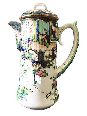 Amazing Old  H Painted Asian Porcelain Tea Pot 8.75