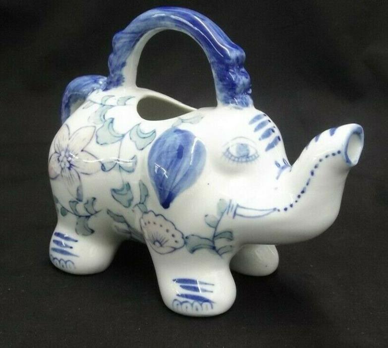 HAND PAINTED CERAMIC ELEPHANT TEAPOT COBALT BLUE WHITE PINK GREEN SHABBY CHIC