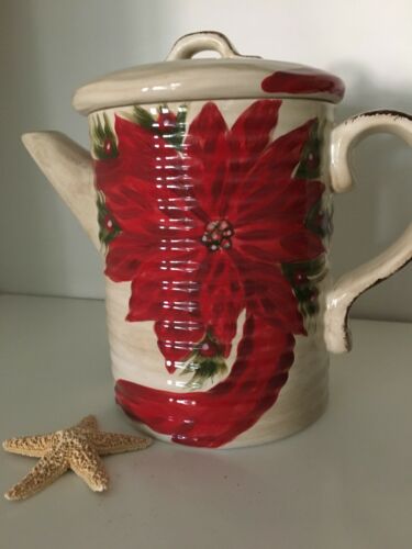 Last One! NWT Pottery Christmas Poinsettia TEAPOT *sweet