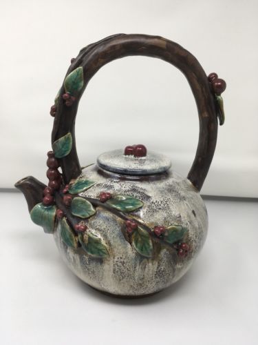 Vintage ORIENTAL ACCENT Ceramic Decorative TEAPOT W/ Lid; Holly Leaves & Berries