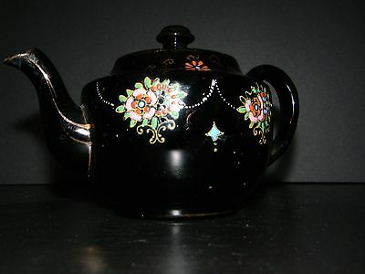 Vintage Black Hand Painted Teapot with Gold Accents