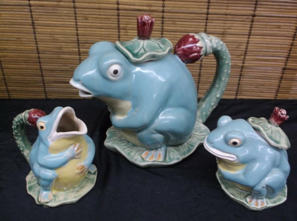 Henriksen Imports Classic Majolica Frog Teapot, Sugar & Creamer