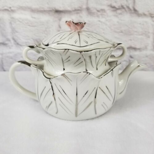 Vintage Stacking Nesting Teapot Sugar Bowl Porcelain Painted Silver Leafs