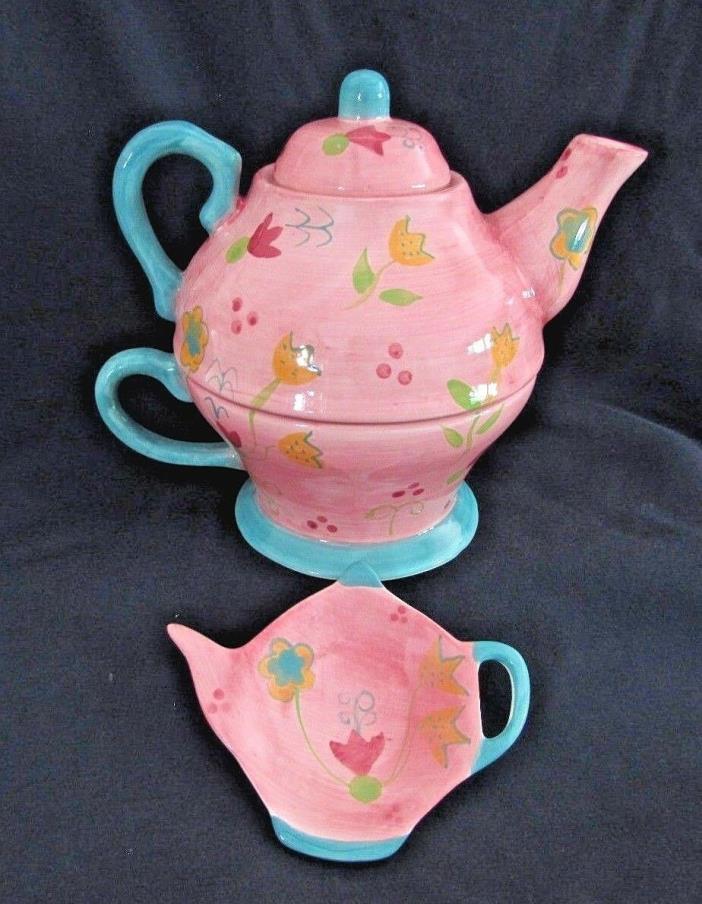 TEA for ONE Porcelain Teapot, Cup & Tea Bag Holder, Flower Design NANTUCKET HOME