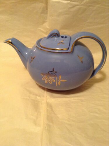 Vintage Hall Cadet Blue Teapot Gold Trim Leaf Flower Hook Lid 6 Cup EUC