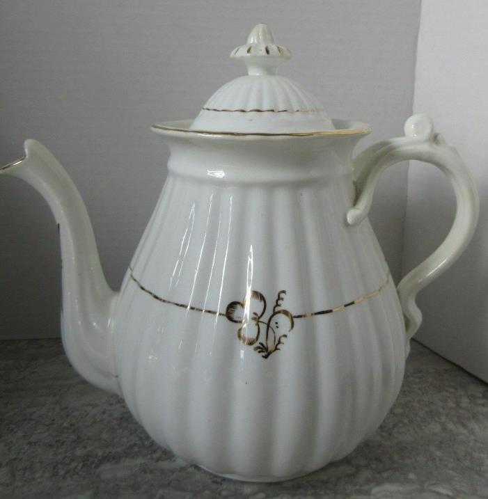 Antique Iron Stone Victorian Teapot Hand Painted Gold Tealeaf Design