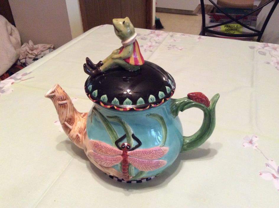 House Of Hatten Penny Fairfax Frog Dragonfly Teapot Hand Painted Ceramic
