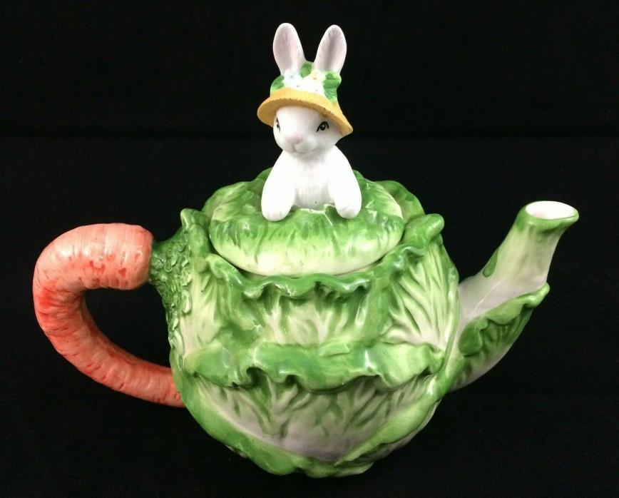 Cabbage Bunny Rabbit Ceramic Hand Painted Teapot OPI Taiwan Easter Decor