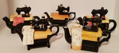 Antique Ceramic Teapots Mini Black Sewing Machine Set of 5