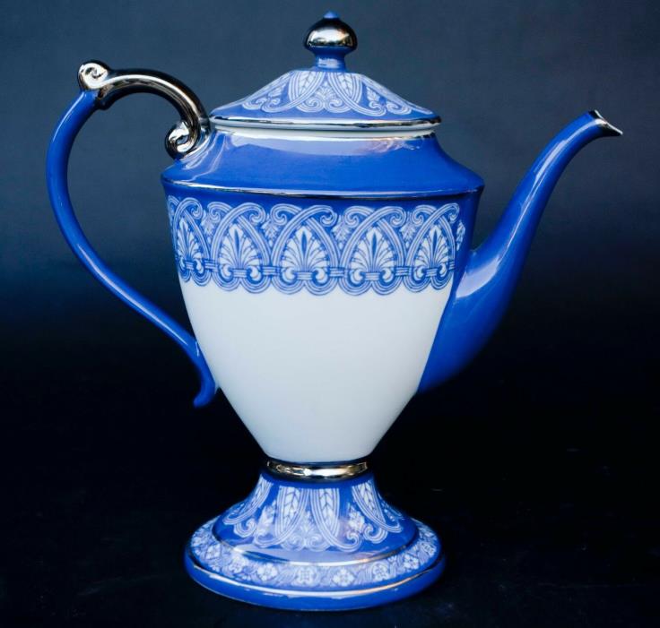 Bombay Company Blue & White Coffee Tea Pot Platinum Trim 12