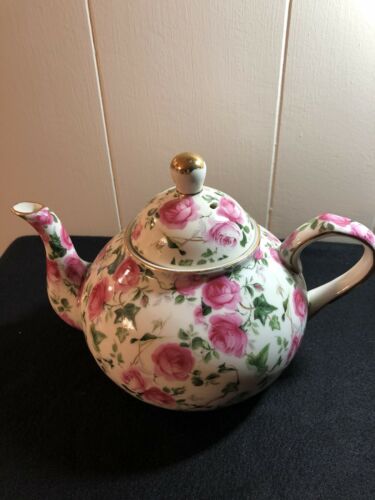Formalities By Baum Bros. China Teapot, Pink Roses, Gold Trim