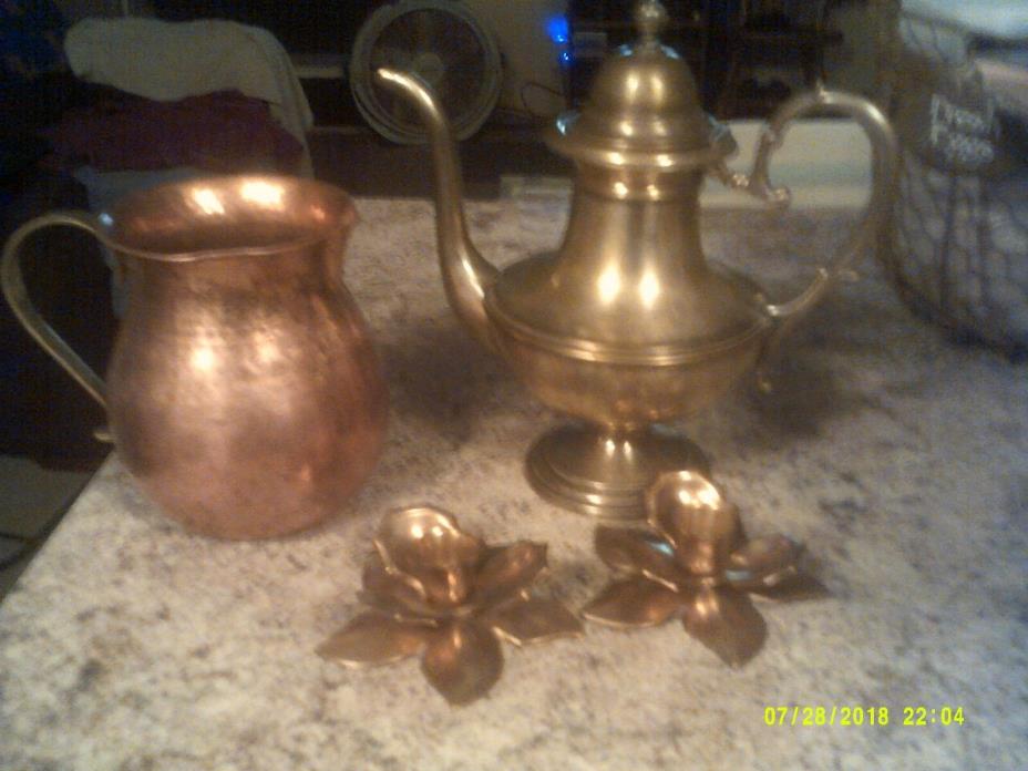 5 Brass pieces/Tea Pt,Pitcher and 2 Candle Stick Holders also Bowl with handle