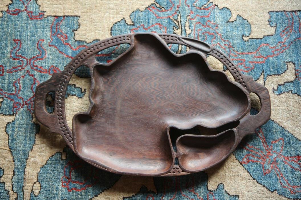 Carved Wood Platter Tray Handles Dark Stain Rustic Tribal Cheese Plate Server