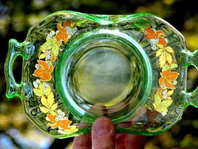 Vintage Imperial (Molly) Green Glass Serving Tray  Leaf & Berry Design