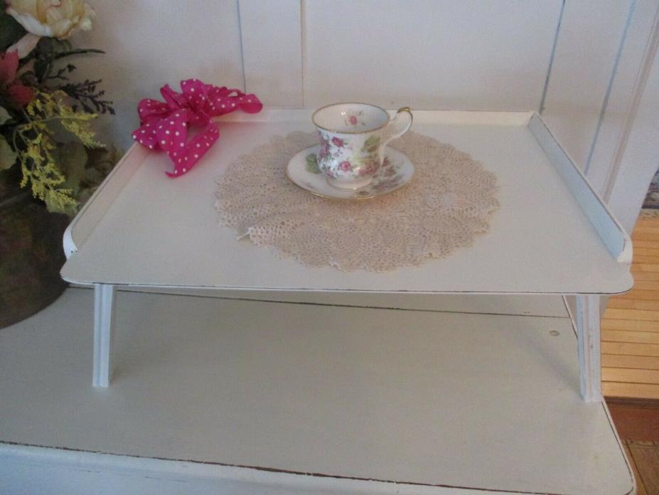 Vintage wood bed breakfast tray. Folds for storage. Shabby white