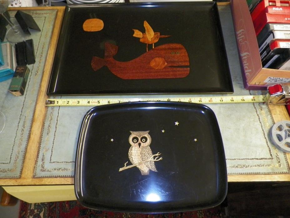2 COUROC MONTEREY CALIFORNIA MID CENTURY TRAYS WHALE AND SEAGULL and OWL & STARS
