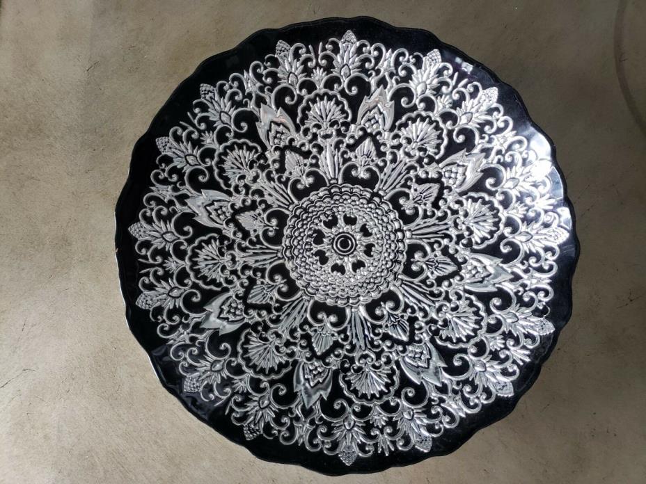 Round Black & Silver Decorative Platter Plate Bowl Home Decor Table Centerpiece
