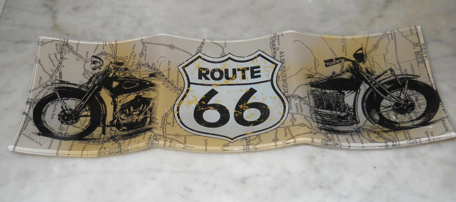 ROUTE 66 GLASS TRAY WITH MOTORCYCLES ON EACH SIDE AND RT 66 SIGN IN CENTER