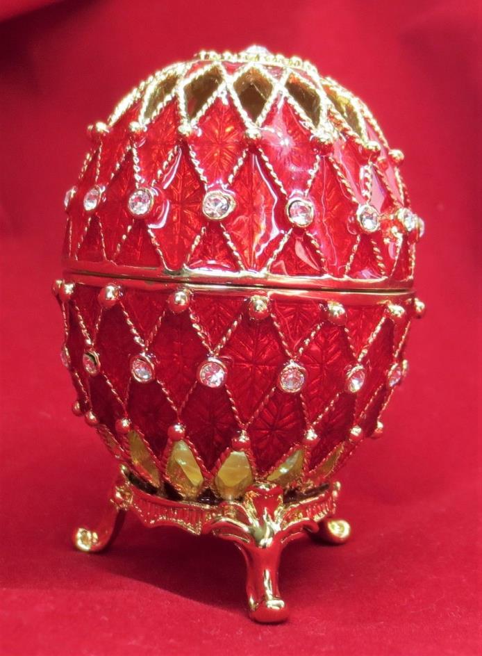 Red Grid Faberge Egg Crystal Enameled Hinged Collector or Trinket Box New!