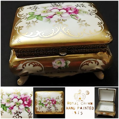 Vintage Royal Crown Handpainted Floral Trinket Jewelry Footed Hinged Box