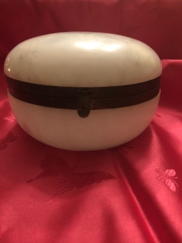 Vintage White Alabaster Round Jewelry or Trinket Box