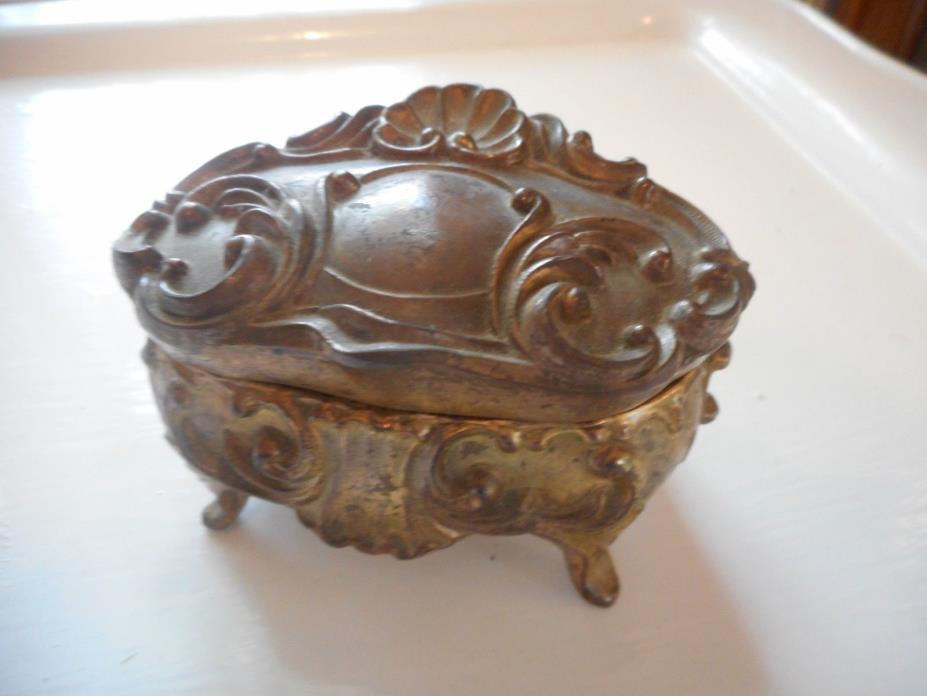 Antique Victorian Brass Hinged Dresser Repoussed Trinket Box Roses