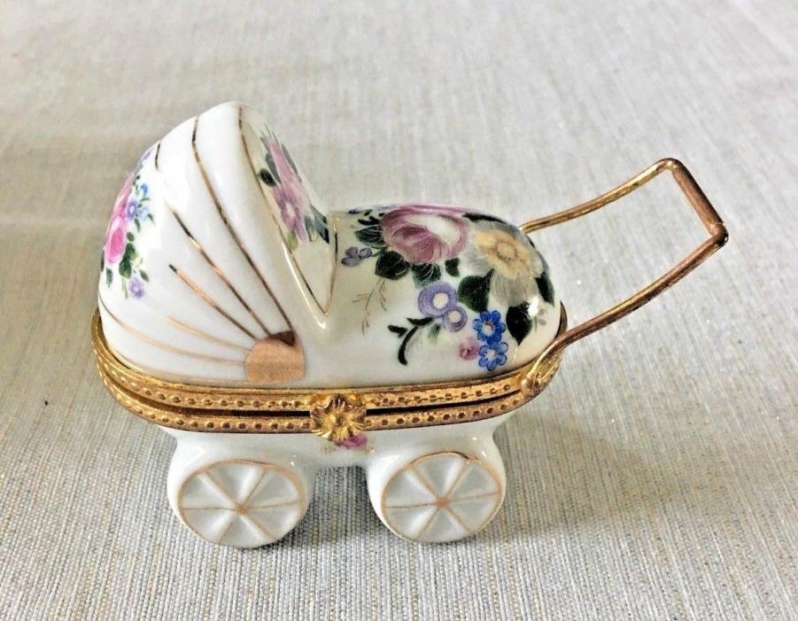 White Porcelain China Baby Carriage Buggy Hinged Trinket Box