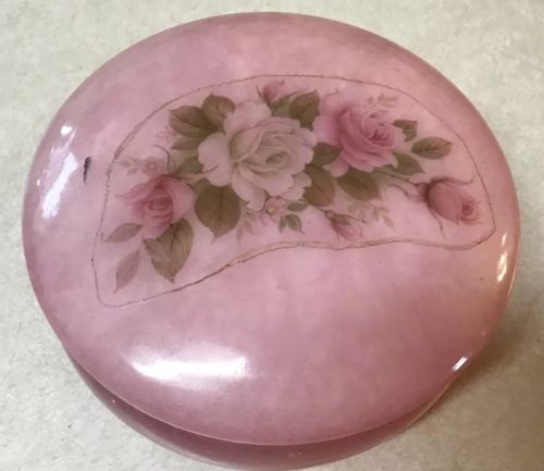 Vintag Alabaster Trinket Jewelry Box Pink Floral Round Hinge Marble Flower ITALY