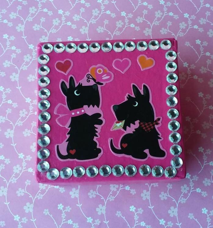Handmade Scotty Dog & Hearts Pink Paper Mache Trinket Jewelry Gift Box Valentine