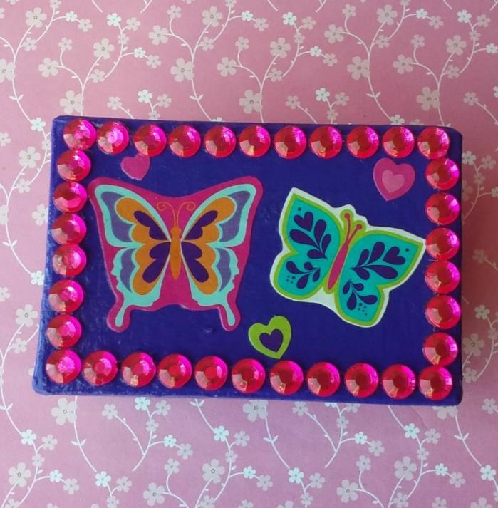 Handmade Butterfly & Rhinestone Purple Paper Mache Trinket Jewelry Gift Box