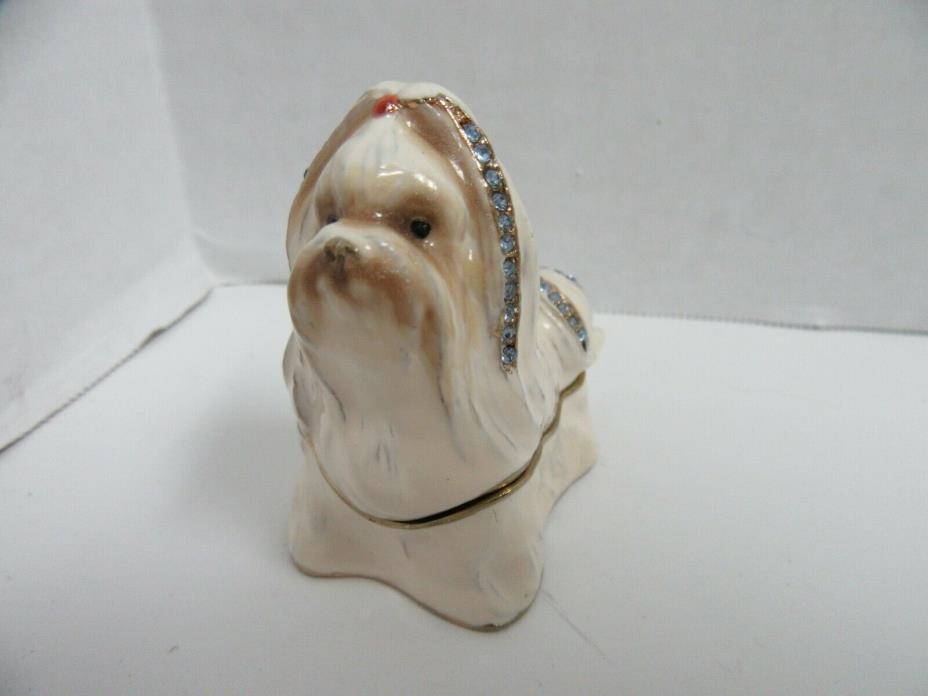 Jewelry Jeweled Trinket Box Maltese Puppy Dog White Hinged