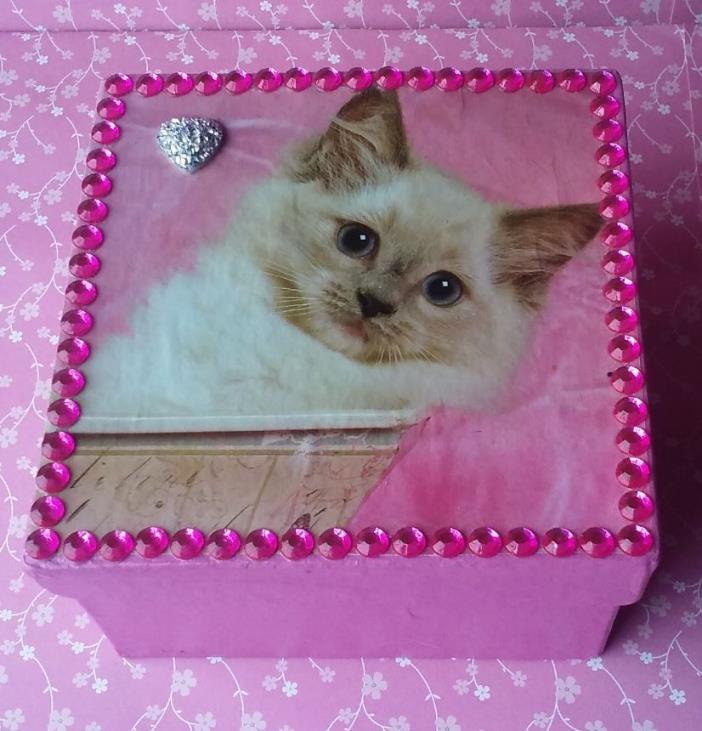 Handmade Pink Kitty Kitten Paper Mache Trinket Jewelry Gift Box w/ Rhinestones