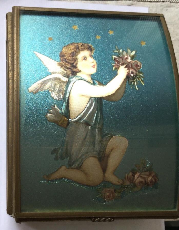Vintage Via Vermont Cupid Blue Glass Brass Mirrored Trinket Jewelry Box Mexico