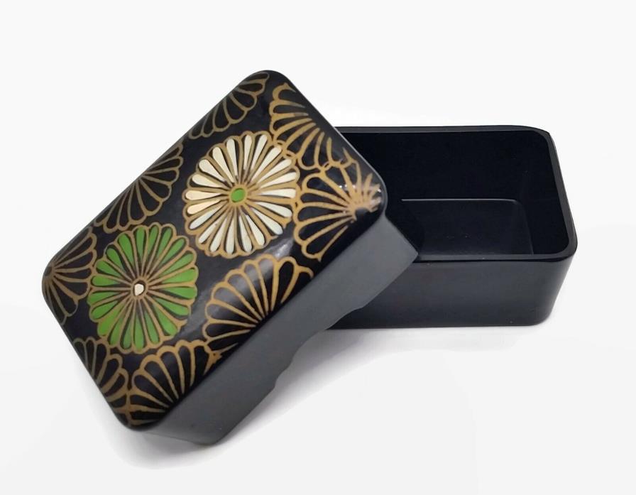 Vintage Oriental Black Lacquer Green White Floral Trinket Box Lid Container