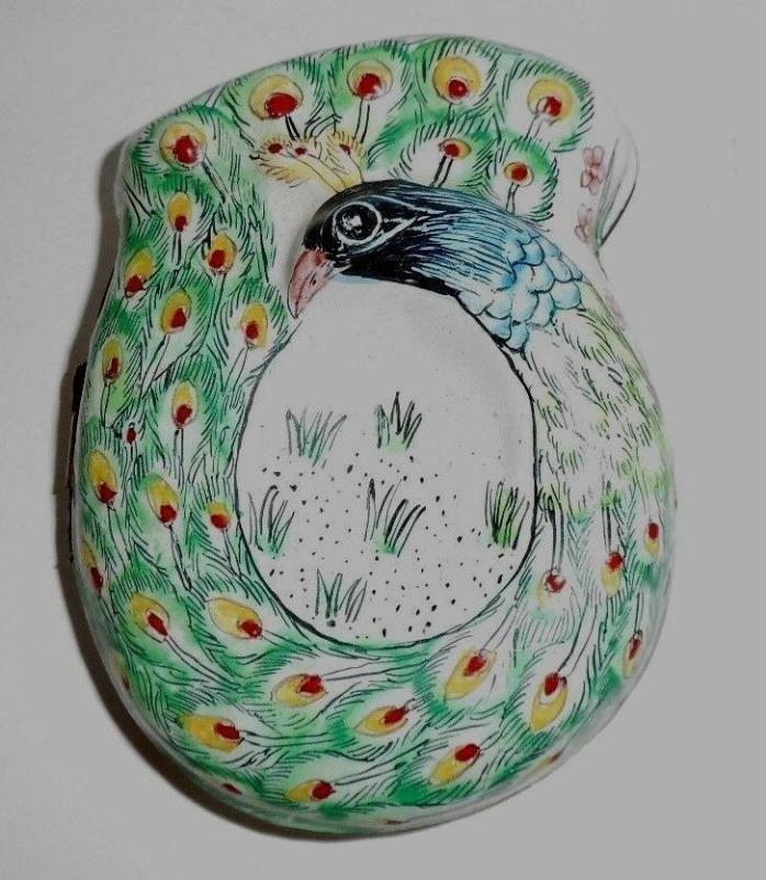 Vintage Enamel Trinket Pill Box Hand Painted Peacock Bird Design