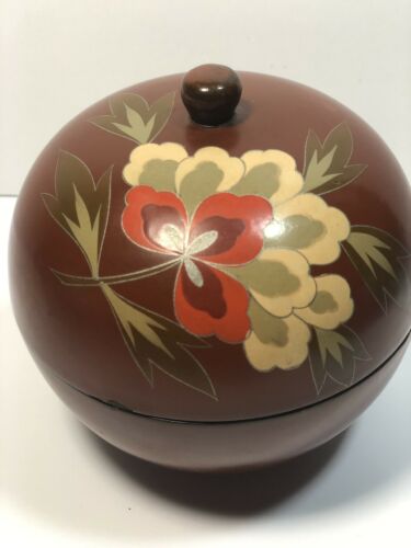 Vintage Marked Japanese Rust Orange Lacquerware Box with Floral Decor