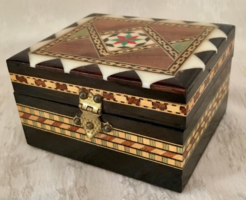Hand Made Marquetry Wooden Trinket Box with Red Fabric Lining & Brass Closure